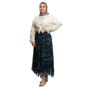 Desenli Şifon Etek Mavi