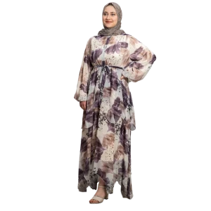 Kimonolu Şifon Elbise Çiçek Desenli Lila Bej Şık Model