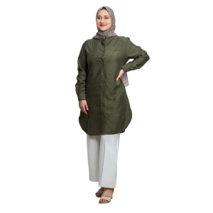 Tensel Kumaş Tunik Gömlek Haki Diz Boyu Şık Model