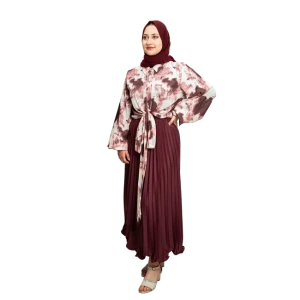 Şifon Toka Detaylı Etekli Takım Bordo Desenli Model